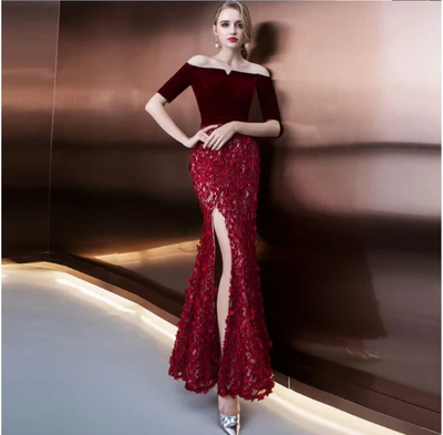 PP239 Burgundy mermaid Evening Dress