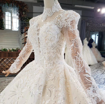 HW219 Real Photo Shining High Neck Long Sleeves Bridal Gown