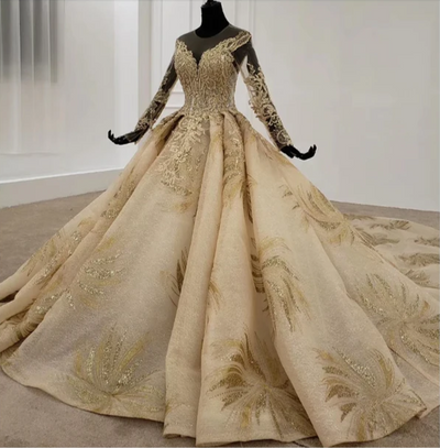 HW102 Princess Long sleeve golden lace wedding dresses.