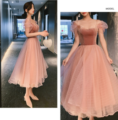 BH299 : 4 styles Simple Korean Pink Tea-Length Bridesmaid dresses