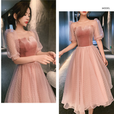 BH299 : 4 styles Simple Korean Pink Tea-Length Bridesmaid dresses
