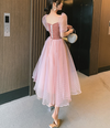 BH299 : 4 styles Simple Korean Pink Tea-Length Bridesmaid dresses