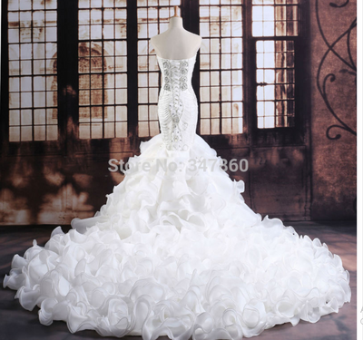 HW32 strapless crystals beaded layers mermaid wedding dress with train