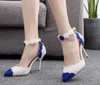 BS55 Lace Flower Pearls Wedding shoes(Blue&White/White)