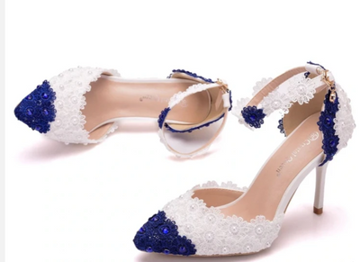 BS55 Lace Flower Pearls Wedding shoes(Blue&White/White)