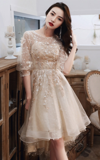 PP403 Champagne Tulle High Low Prom Dresses