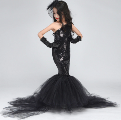 FG308 Black Sequined mermaid Girl Pageant gown