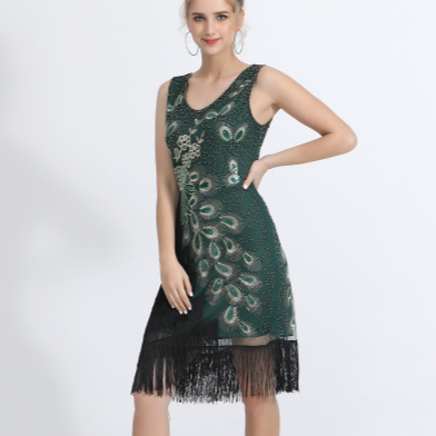 MX306 Plus Size Peacock Embroidery Great Gatsby Dresses ( 4 Colors )