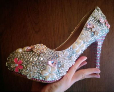 BS177 Luxury  Full diamond pearls Wedding Shoes (Pink/White)