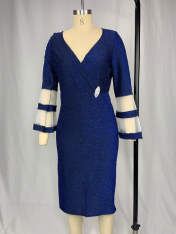 MX309 Plus size deep v neck Evening dresses (Blue/silver)