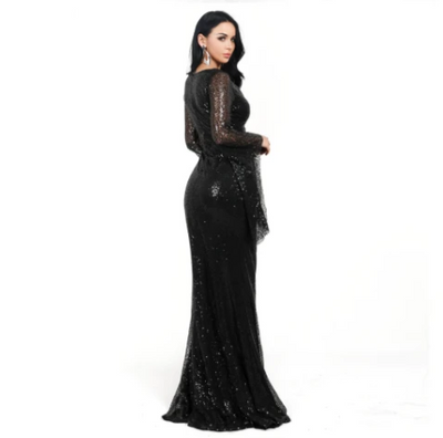 MX213 Deep V Long Flare Sleeve Maxi Dresses(Black/Gold)