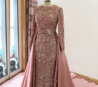 LG475 Real picture sequined mermaid Gown with detachable train
