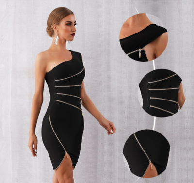MX317 One Shoulder Zippers design Party Dress