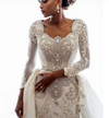 HW124 Long Sleeves Beaded Crystals Wedding Gowns with overskirt