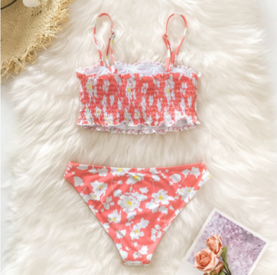 SW27 Pink Floral Smocked Bikini Sets