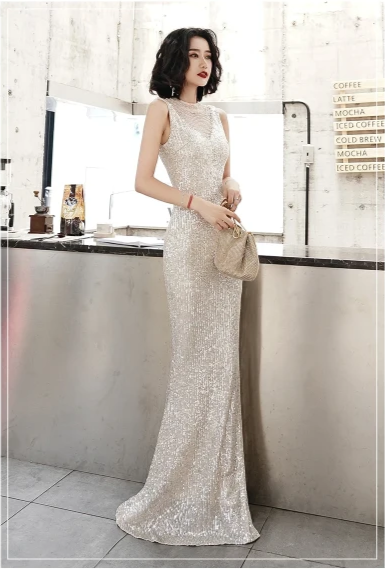 BH192 Classy Champagne sequin Bridesmaid Dress