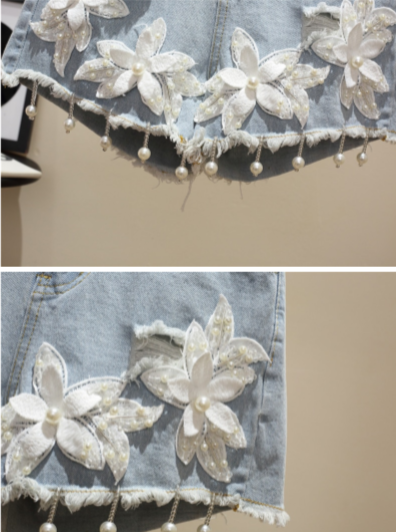 TP57 Plus Size Embroidery Beading Jean Shorts