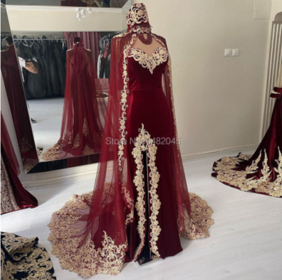PP444 Moroccan Caftan velvet Gold embroidery Evening Dress