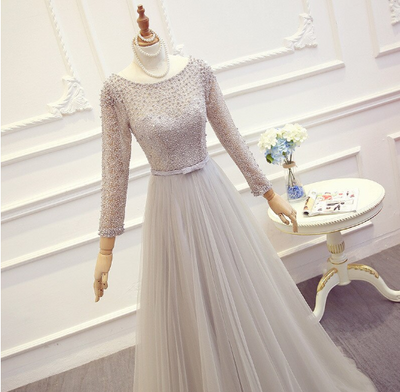 LG20 Long sleeve pearl beaded Evening Gown