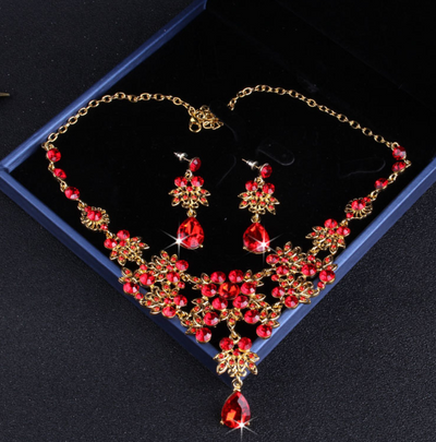 BJ50 Vintage Baroque Red Crystal Jewelry( Crown,Necklace,Earrings)