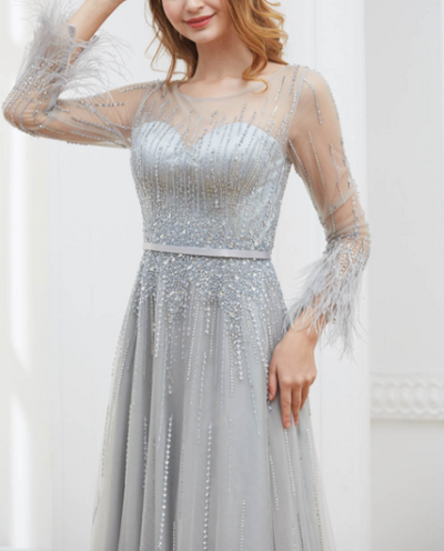 LG258 Long Sleeves Feather Beaded Sequins Evening Gown(3 Colors)