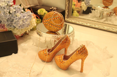 BS95 Orange crystal Wedding shoes with matching bags