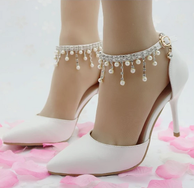 BS07-1 White Rhinestone Tassel Beaded Wedding Shoes