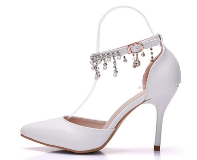 BS07-1 White Rhinestone Tassel Beaded Wedding Shoes