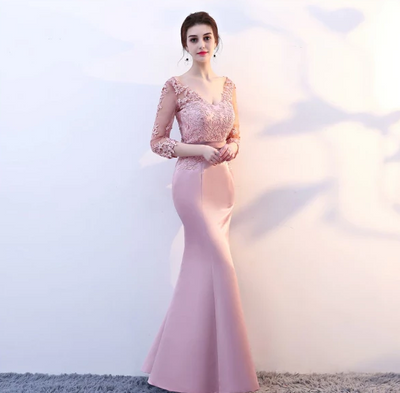 BH144 Long sleeve V neck mermaid Bridesmaid Dresses (7 Colors)