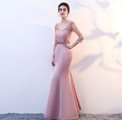 BH144 Long sleeve V neck mermaid Bridesmaid Dresses (7 Colors)