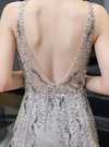 JR57 Luxury Champagne- Gray Backless beaded Prom Jumpsuit