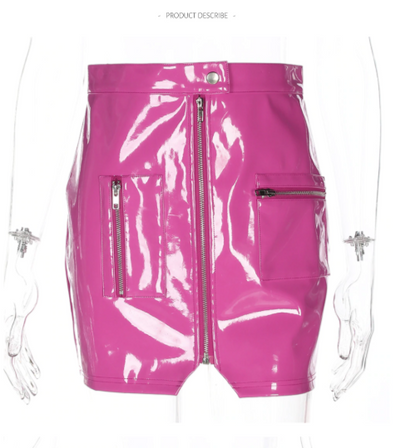 CK23 High Waist Latex Leather Mini Skirts(Pink/White/Black)