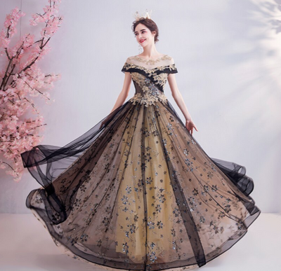 PP268 Black Gold Lace Appliques Sequins Prom Gowns(2 Colors)