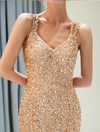 LG266 Deep V-neck Beaded Crystal Evening Gowns(Champagne/Gray)