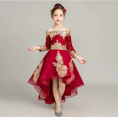 FG159 Red Wine Shoulderless Embroidery Lace Girl Dresses(3 Styles)