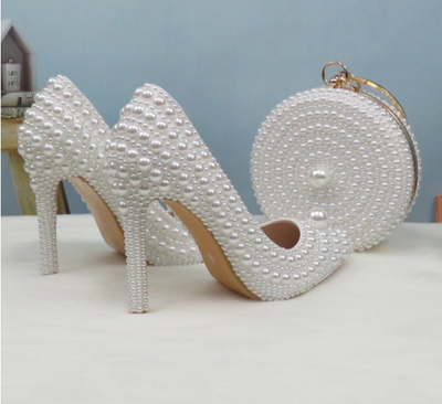 BS74: 7 Styles White full Pearl Bridal shoes+Purses