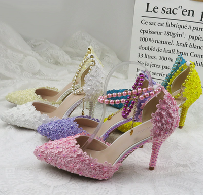 BS75 : Lace Flower peals Wedding Shoes with matching Bags(11 Colors)