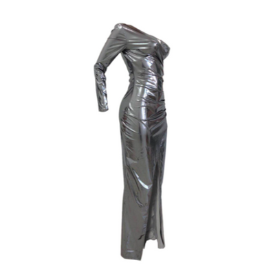 MX222 One Shoulder Reflective Maxi Dresses(Gold/Gray)