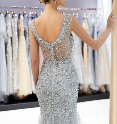 LG271 Luxury Crystal beaded Beaded Feather Evening Gown