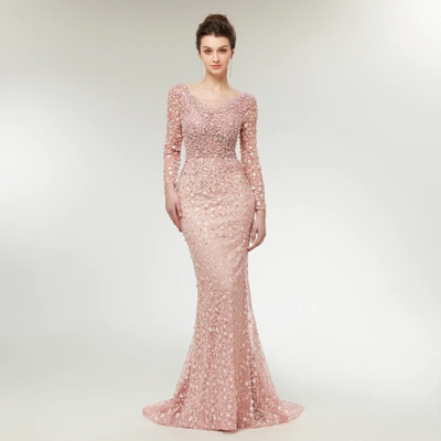 LG144 Luxury Long Sleeves Pearls Beaded Evening Gown (Pink/Silver)
