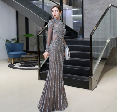 LG183 : 2 Styles Long Sleeves full diamond beaded Evening Dresses(5 Colors)