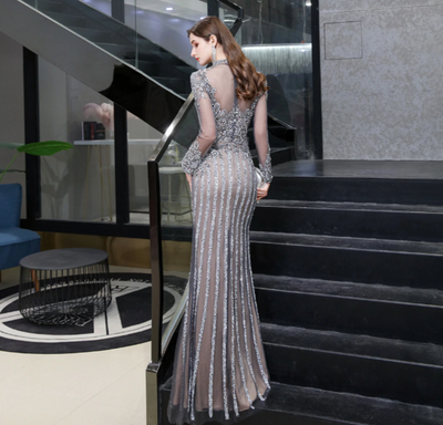 LG183 : 2 Styles Long Sleeves full diamond beaded Evening Dresses(5 Colors)