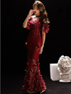 PP104 Plus Size Red Wine Embroidery Beaded Evening Gowns