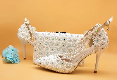 BS21 Pearl white flower Bridal shoes + Clutch Bag