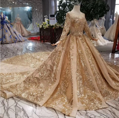 CG117 Luxury muslim gold Bridal Gowns with chapel train