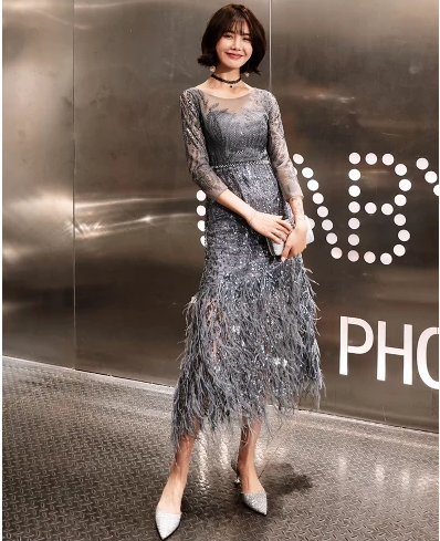 PP194 New Style Tea-length Feathers Cocktail Dresses (5 Colors)
