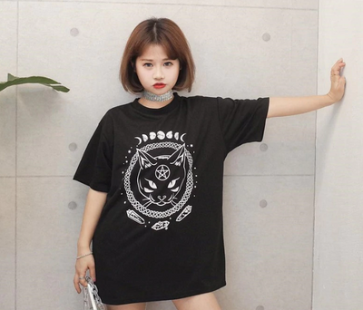 TJ32 Harajuku Gothic Witchcraft Cat Printed  T-Shirt