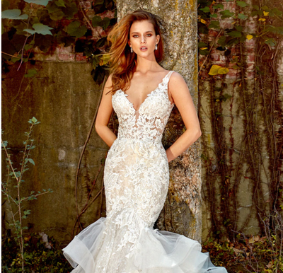 HW147 Crystal Lace Mermaid Wedding Dress with Ruffles train