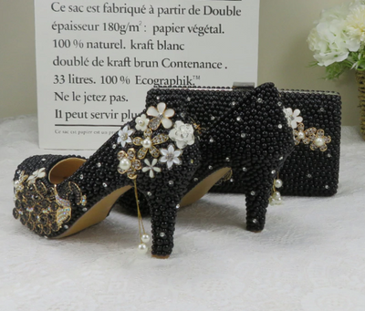BS78  Black pearl beads peacock Bridal Shoes+Clutch Purse