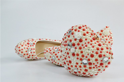 BS79 Red and Cream pearl Bridal shoes with matching bag